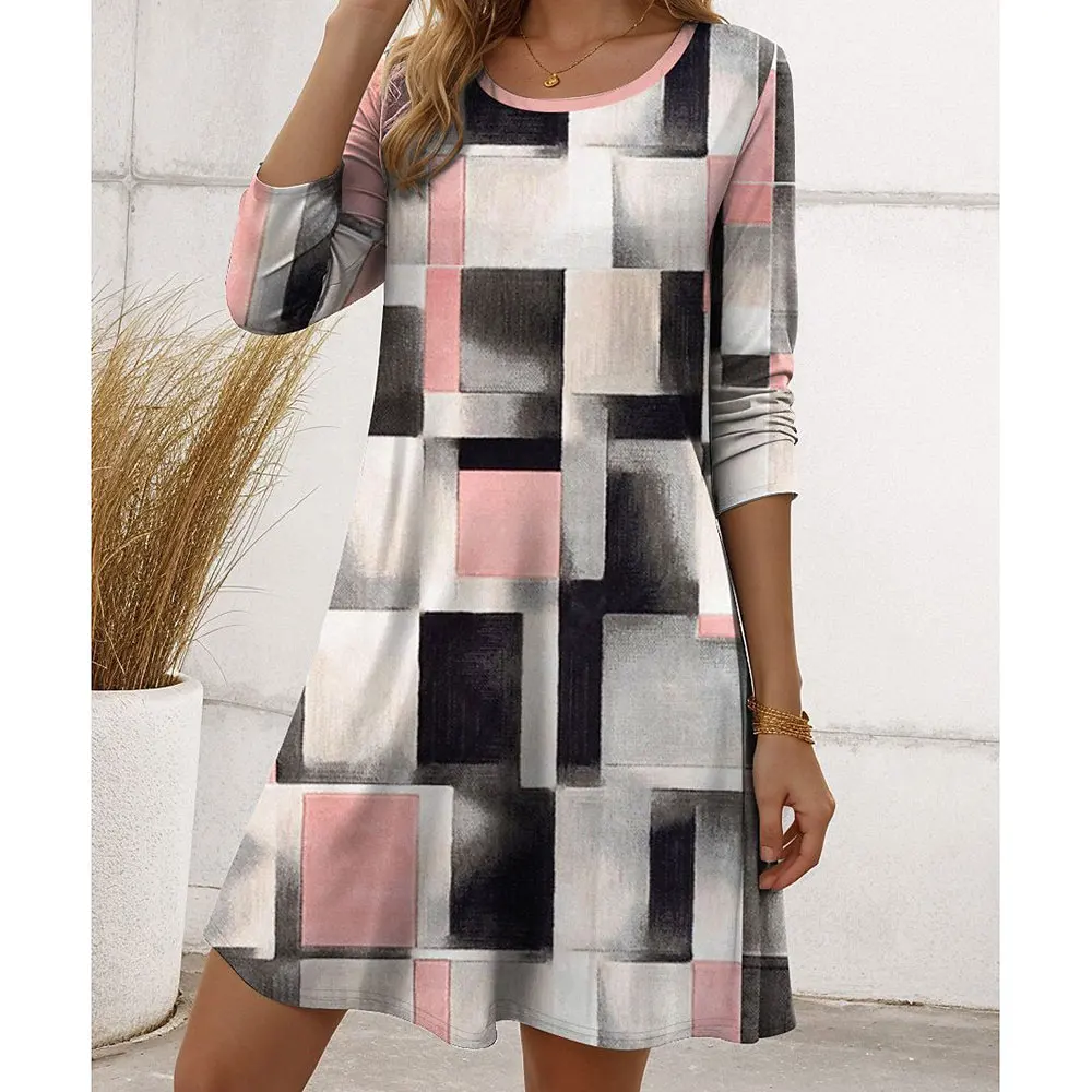 

Dress For Women Geometric Print Fashionable Casual Round-Neck Long Sleeved For Versatile Skirt For Vacation Holiday Daily Home