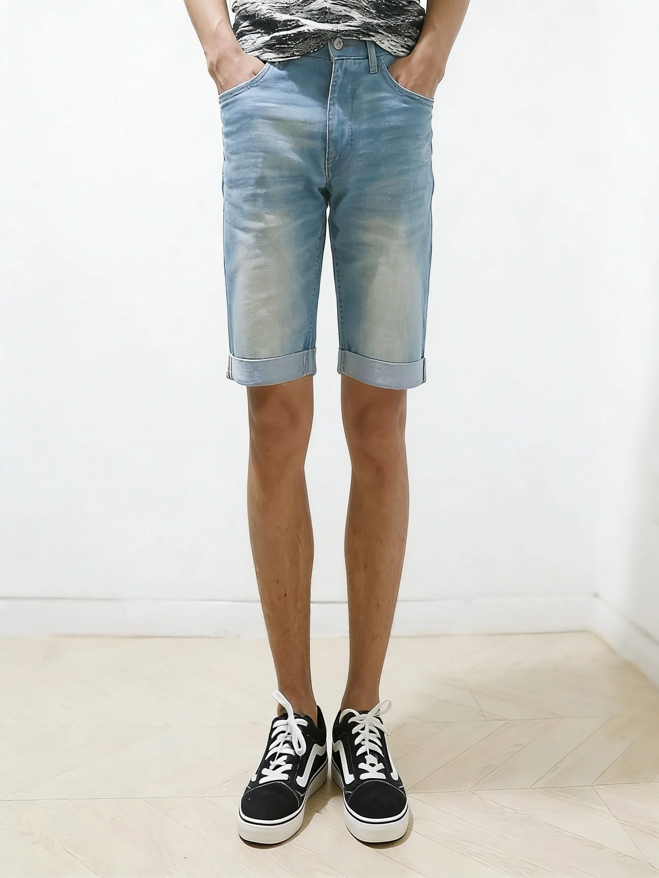 Men Skinny Fit Blue Denim Shorts Slim Fashion Casual Streetwear Y2K Style Jeans Pants No accessories or belts included view 3