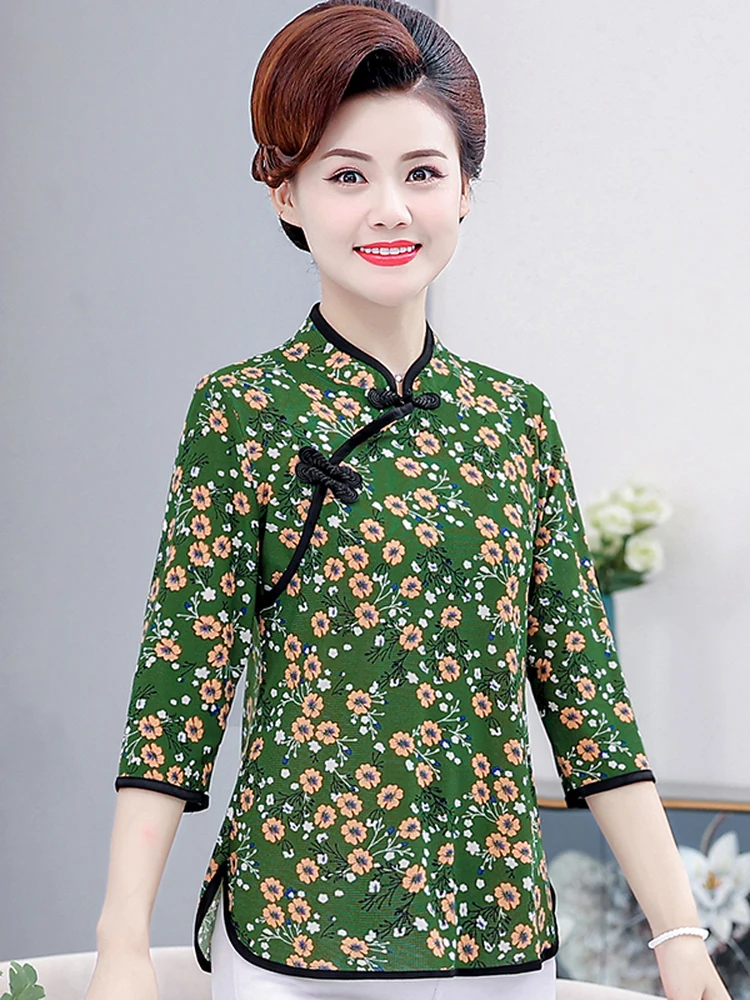 

Floral Print Stand Collar Sleeve Tunic Top Chinese Style mid Sleeve Qipao Reformed Tang Suit for Middle Aged And Elderly Women
