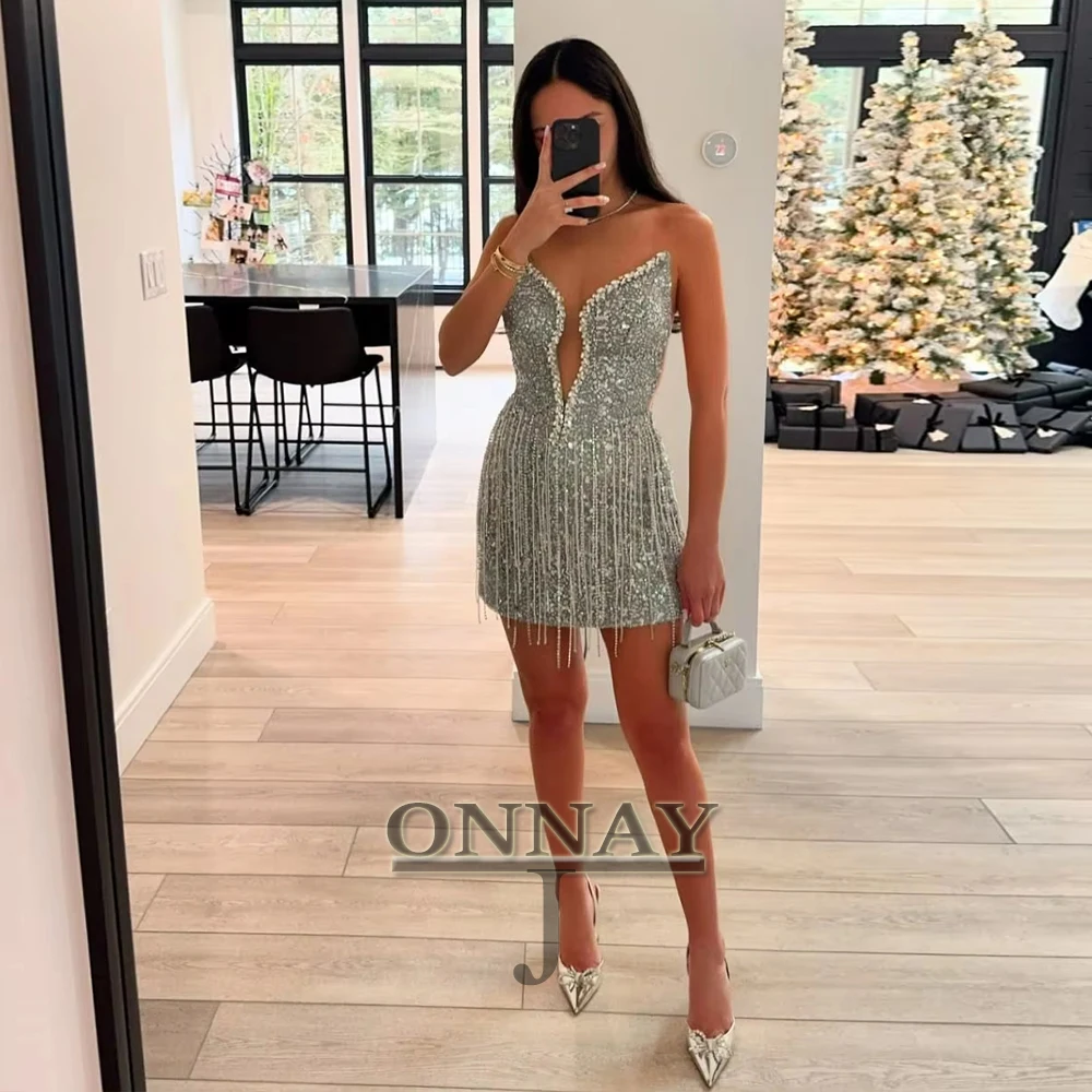 

Customized Bling Sequins Prom Dresses Tassel Beadings Strapless for Women Kuwait Saudi Arabric Gala Bespoke Vestidos De Fiesta