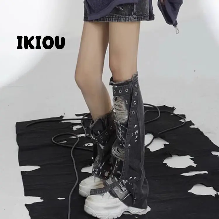 IKIOU y2k Millennium Ripped denim leg jacket design feel slim retro sweet cool mid-tube subculture pile sock