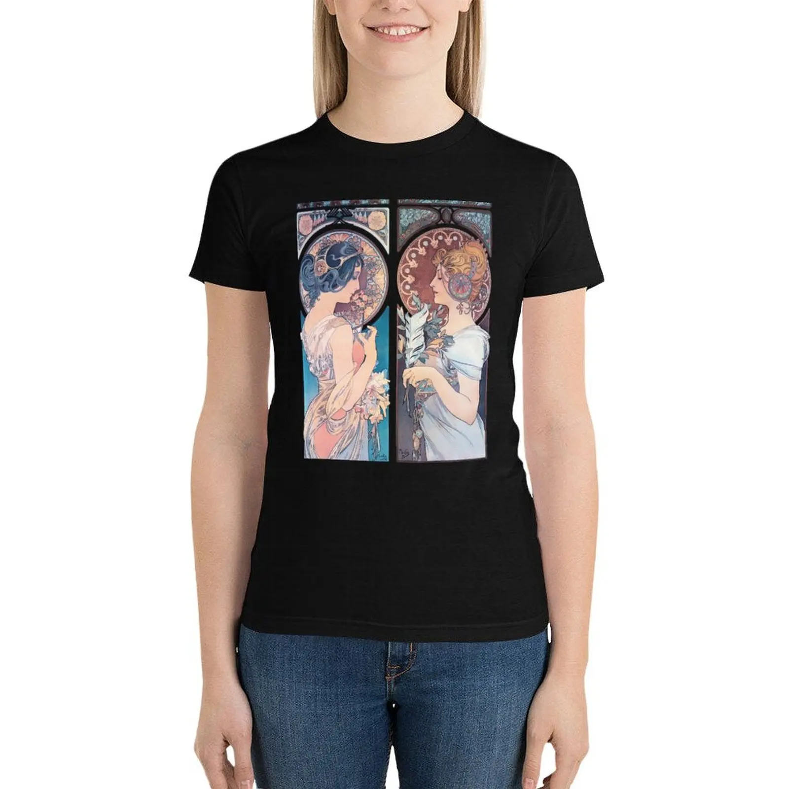 

La Primevere and La Plume Alphonse Mucha T-Shirt kawaii clothes hippie clothes graphics Women t-shirts