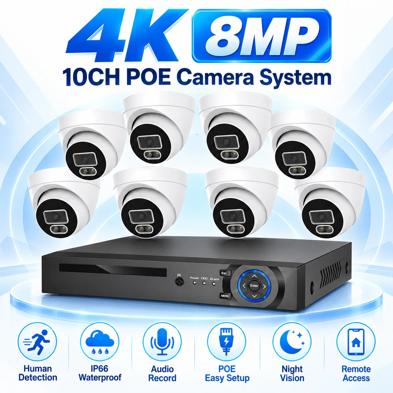 4K 8MP 10CH PoE NVR Kit With Turret Dome Cameras Human Detection Audio Record IP66 Night Vision Remote CCTV Security System