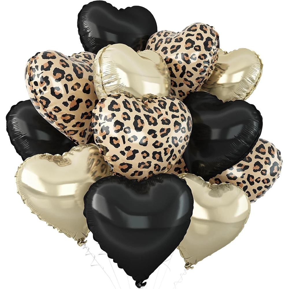 12 Stück 18 Zoll Leopardenmuster Herz-Folienballons Schwarze Liebesballons für Verlobung Hochzeit Geburtstag Dschungel-Party Zubehör