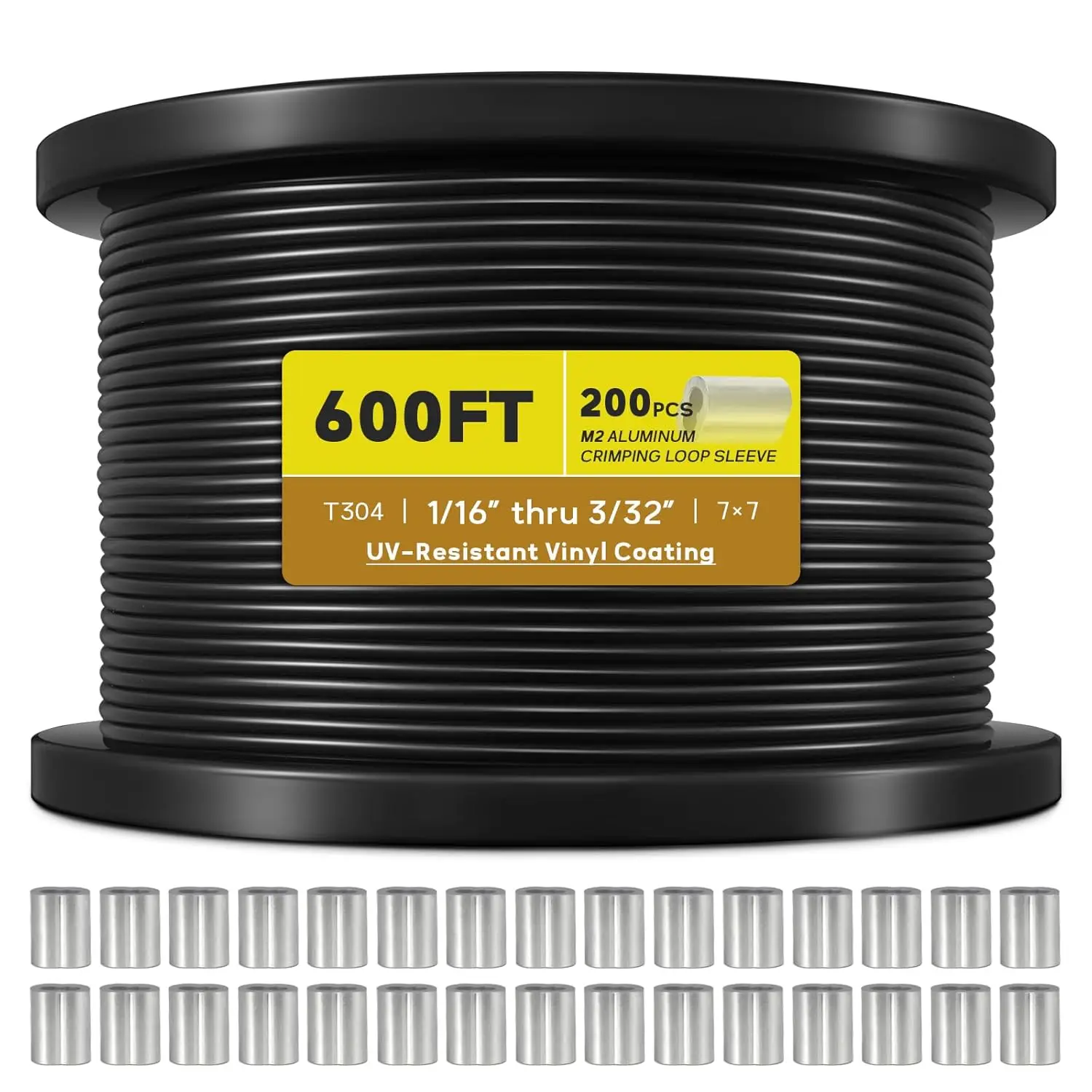 Vinyl Coated Wire Rope 1/16 Inch Overmolded to 3/32 Inch, 600FT 304 Stainless Steel Cable with 200 Pcs Crimping Sleeves