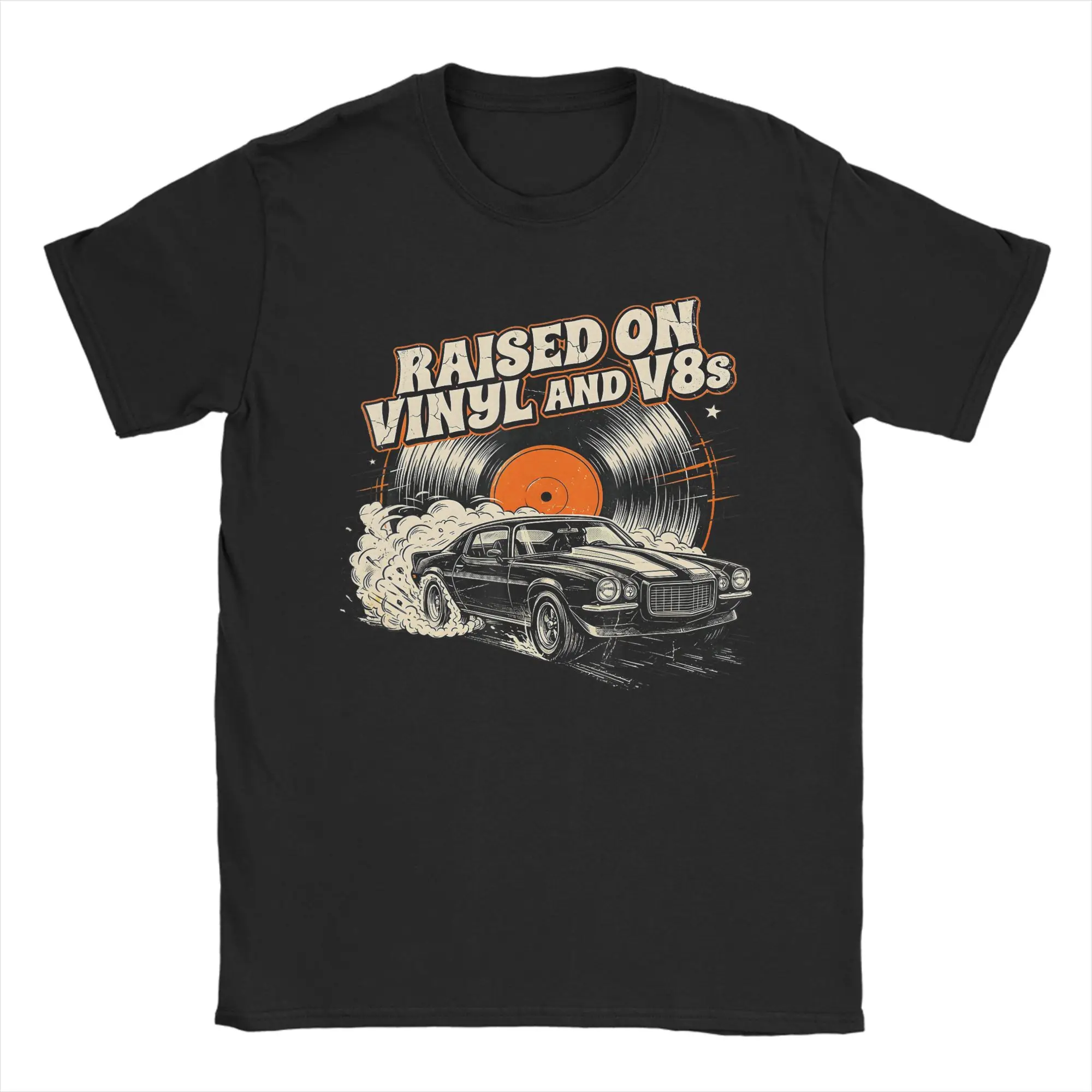Men's Raised On Vinyl and V8s Retro Car Music Culture T Shirt  100% Cotton Clothes Leisure Short Sleeve O Neck Tees 6XL T-Shirts