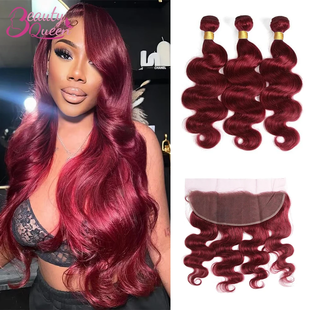 

Bundles with Lace Frontal Body Wave 100% Unprocessed Human Hair Weave 3 Bundles with 13x4 Lace Frontal 99j Burgundy Hair Tissage