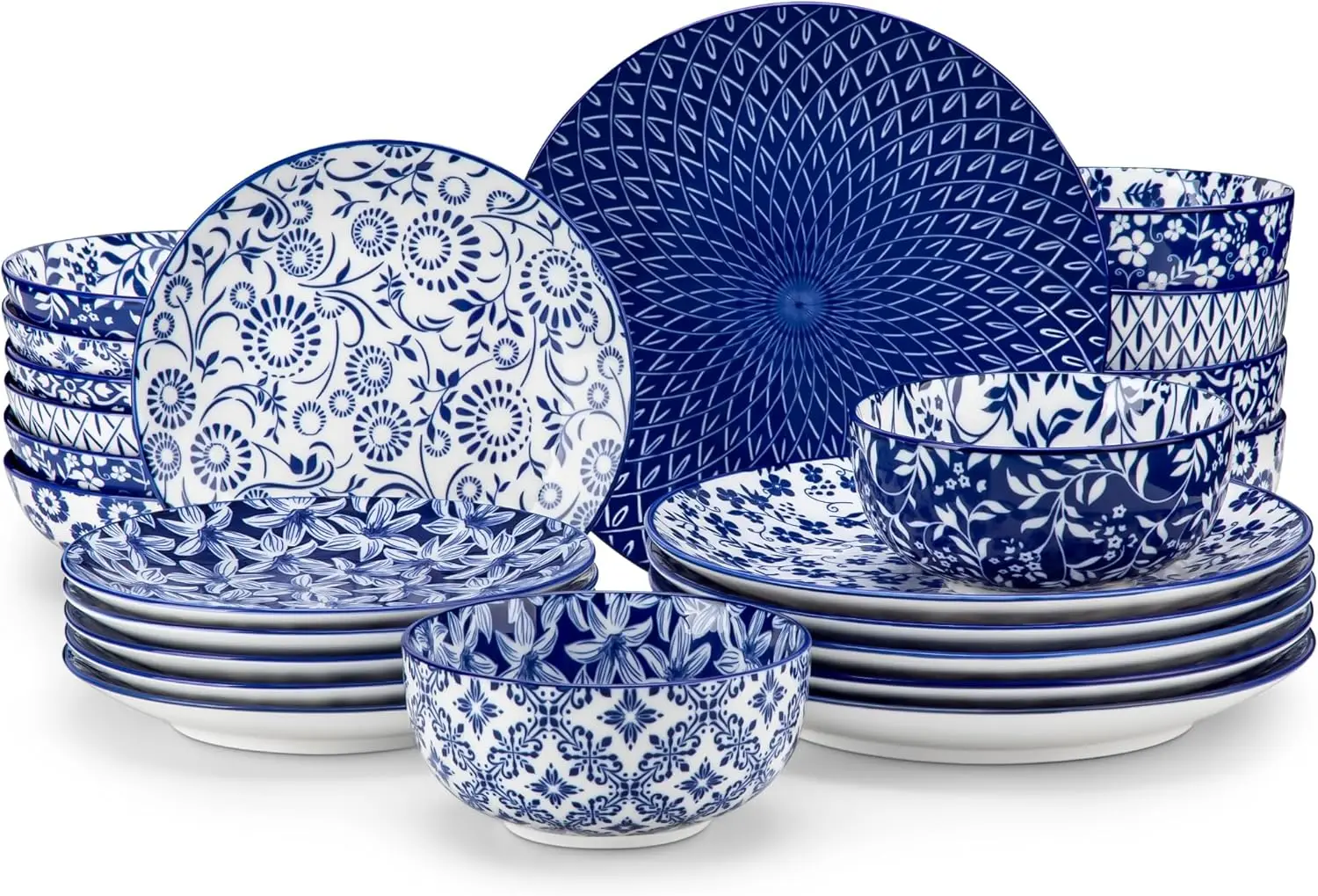 

SELENE Plates and Bowls Set for 6, 24 Pieces Dinnerware Sets, Mircowave and Dishwasher Safe Dishes Set, Porcelain Blue Dinnerwar