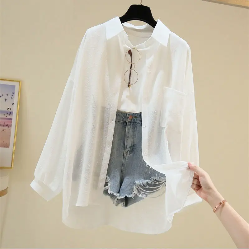 Women's Clothing Solid Color Summer Pockets Turn-down Collar Long Sleeve Button Up Cardigan Coats Shirt All-match Korean Tops