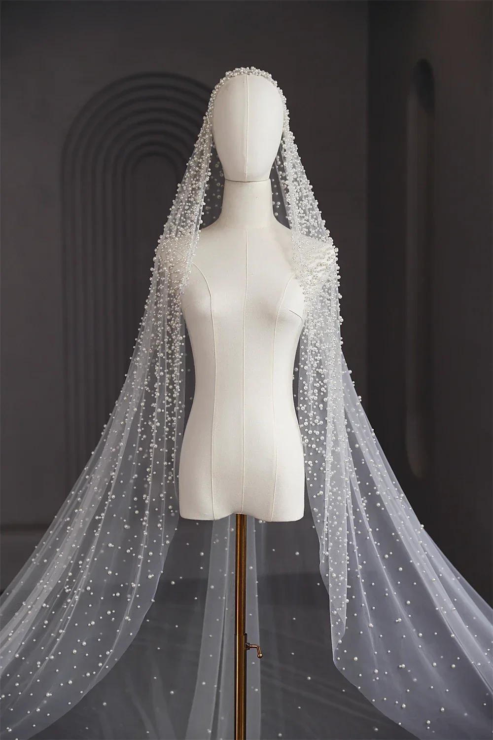 Voile de mariée Long de luxe avec perles, 1 niveau, avec peigne, perles denses dispersées, magnifique manteau cathédrale, voile personnalisé