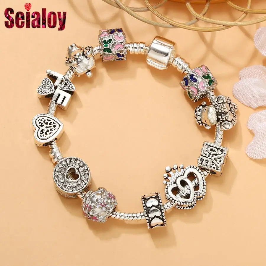 Seialoy Vip Custom Silver Color Alloy Beads Bracelets For Women Butterfly And Heart Charms Bracelets