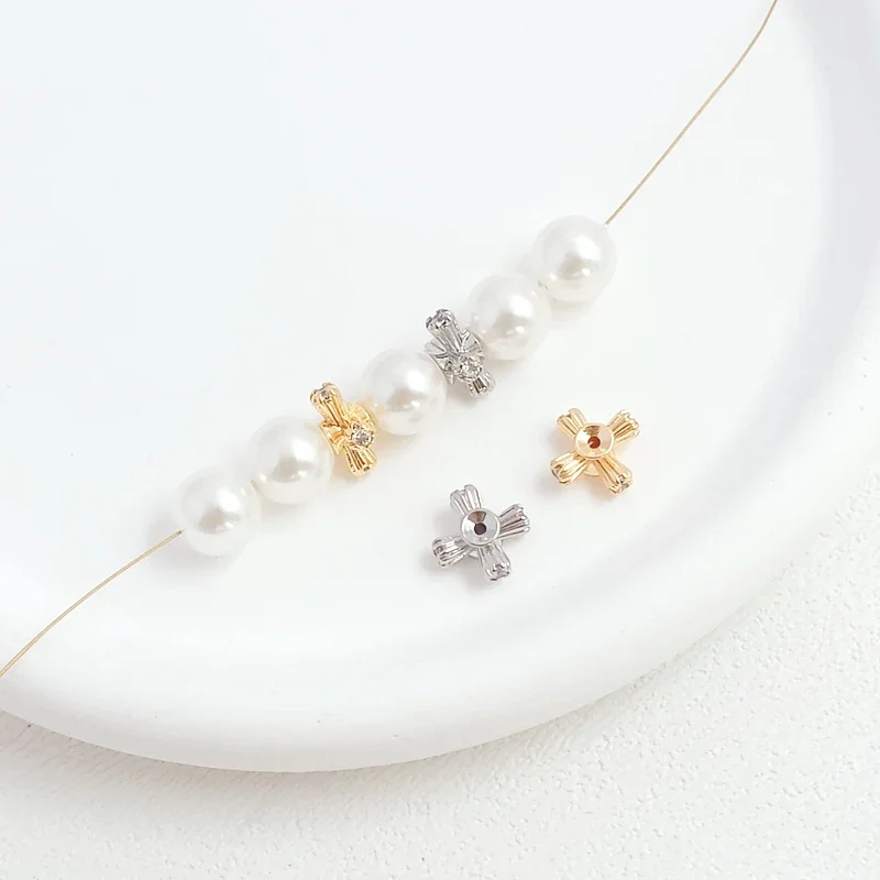3 Pieces 14K Copper Clad Gold Micro Inlaid Zirconium Cross Spacer Beads Manual DIY Hand String Pad Beadwork Accessories Material