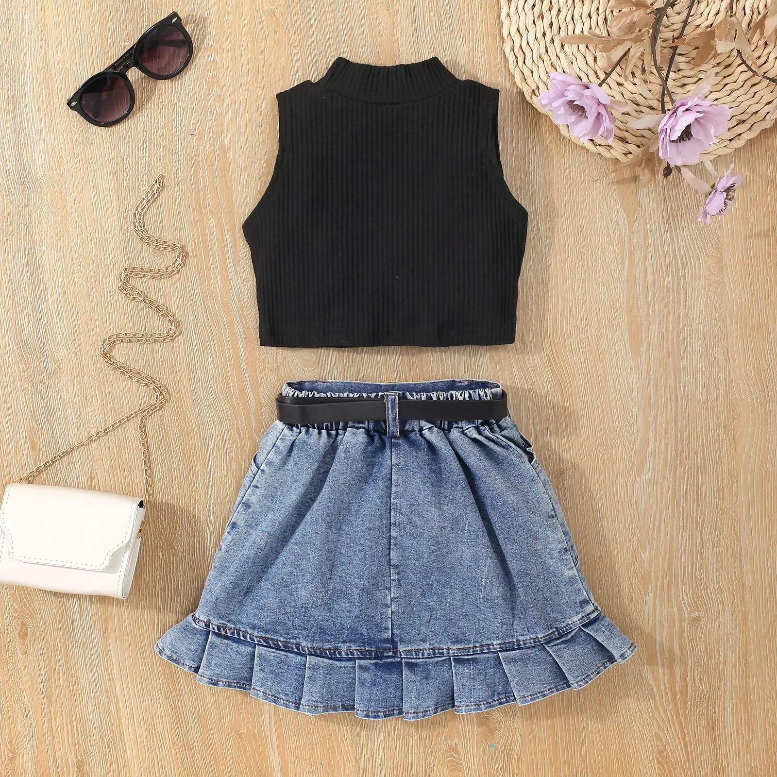 Summer Outfit Toddler Girl Clothes Fashion Solid Sleeveless Cotton Baby Tops+Denim Skirt Children\'s Sets Kids Clothing BC385