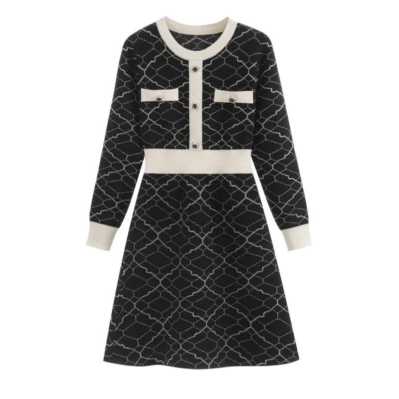 Czarna dzianinowa sukienka damska Elastyczny żakard zapachowy Sukienka wiosenno-jesienna elegancka rekreacyjna Sukienka mini jednoczęściowa