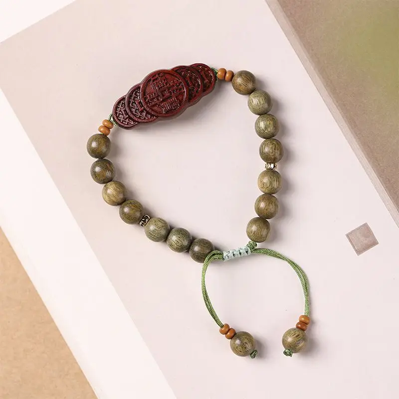 Original Antiquity Fresh Costustoot Green Sandalwood Beads Lucky Hand Card Birth Year Female Adjustable Single Ring Bracelet