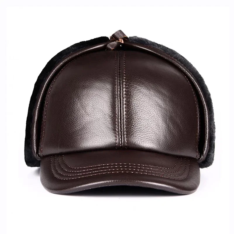 

Winter Warm Ear Protection Bomber Hat Man Real Leather Cowhide Faux Fur Military Cap Inside Black Brown 55-60cm Gorras Fur Hat
