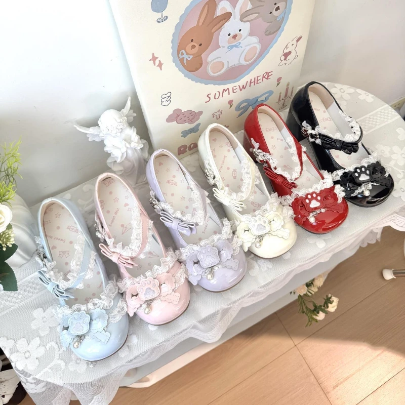 Japanese Vintage Sweet Lolita Shoes Women Kawaii Lace Patchwork Bow Metal Button Round Head Middle Heel Single Shoes Mary Jane