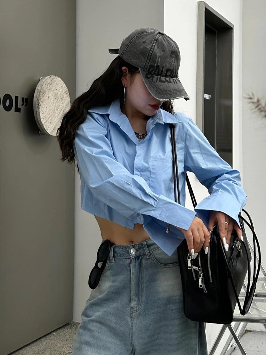 

Spring Summer New Women's irt ort Long Sve Turn-down Collar Button up Trendy Pink Blue Faion Street Sle Loose Fit