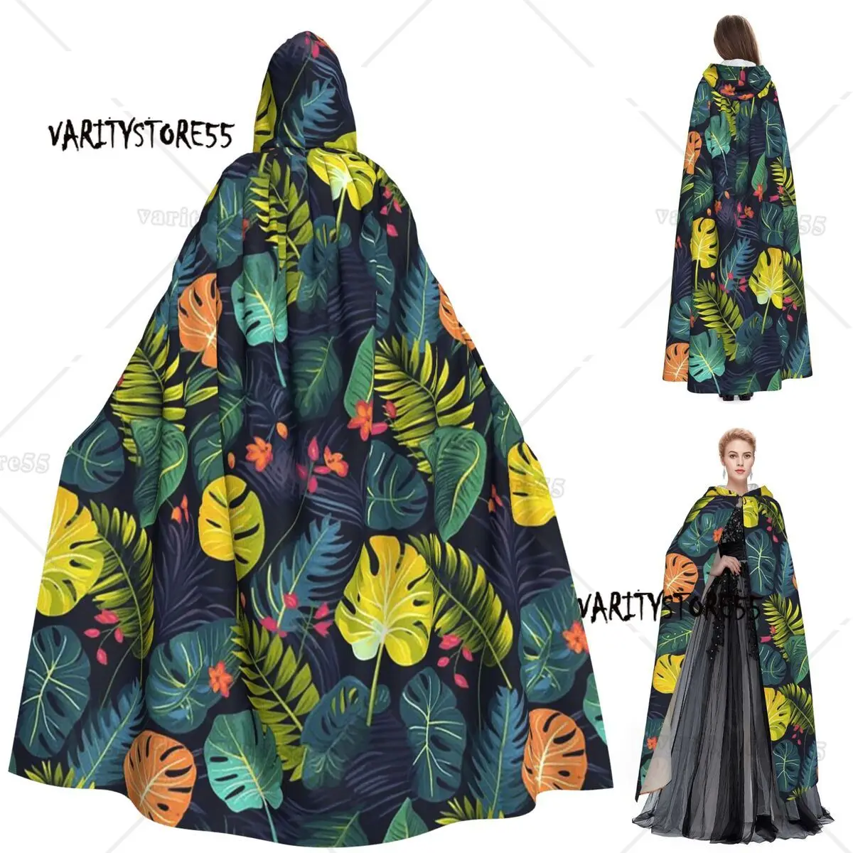 

Exotic Flowers In The Rainforest Floral Pattern Long Hooded Cloak Witch Medieval Cosplay Cape HalloweenParty Adult Unisex