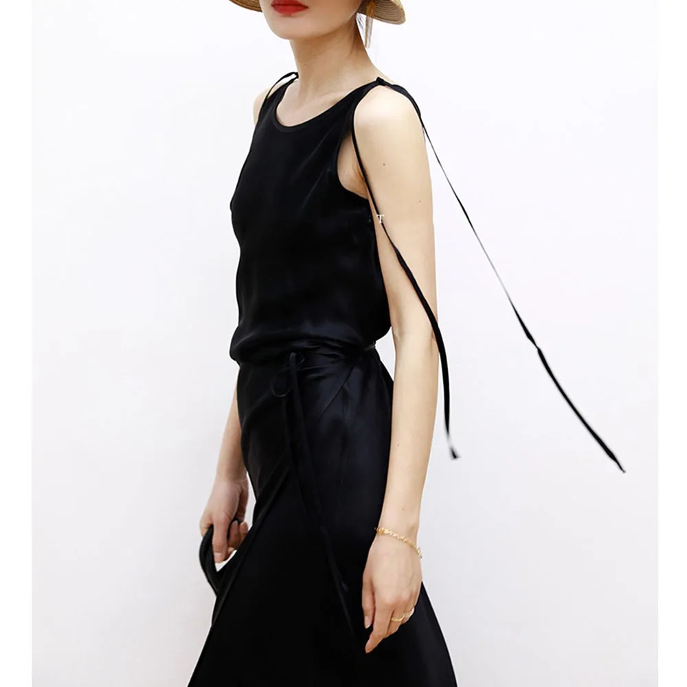 Women's Casual Satin Solid Black Dress 2024 Summer Lace Up Sleeveless Cinched Waist Slim Fit Highly Forked Ankle Length Dress