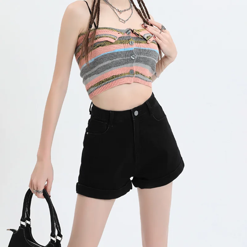 

High Waist Black Denim Shorts Women's Summer Thin Sle Hot Pants A-Line Miniature Cuffed Spicy Girls Casual Cotton Stretch Pants