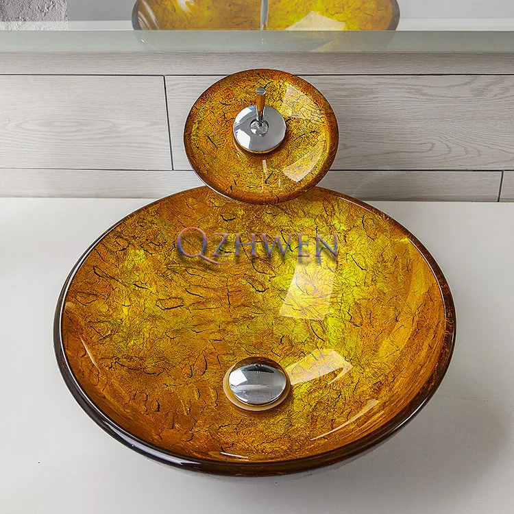 

Modern Art Minimalist Bathroom Sink Crack Design Gold Tempered Glass Wash Basin Home Washroom Countertop Round Bowl Basin