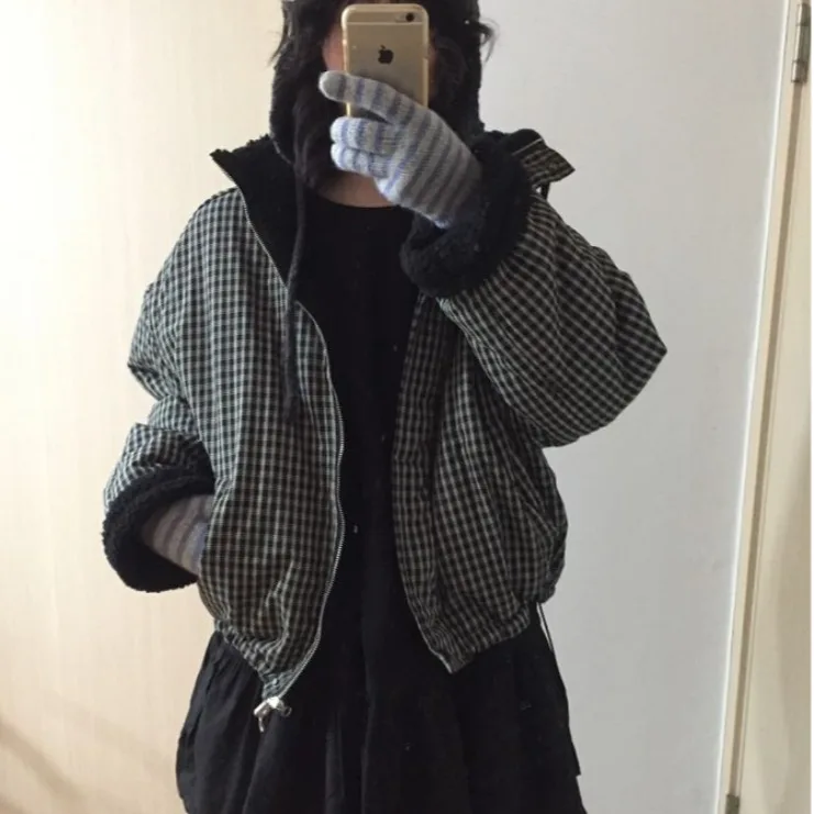 

Женский хлопковый топ на осень-зиму, новый повседневный свободный двусторонний клетчатый топ на молнии с внутренней стороны ягненка