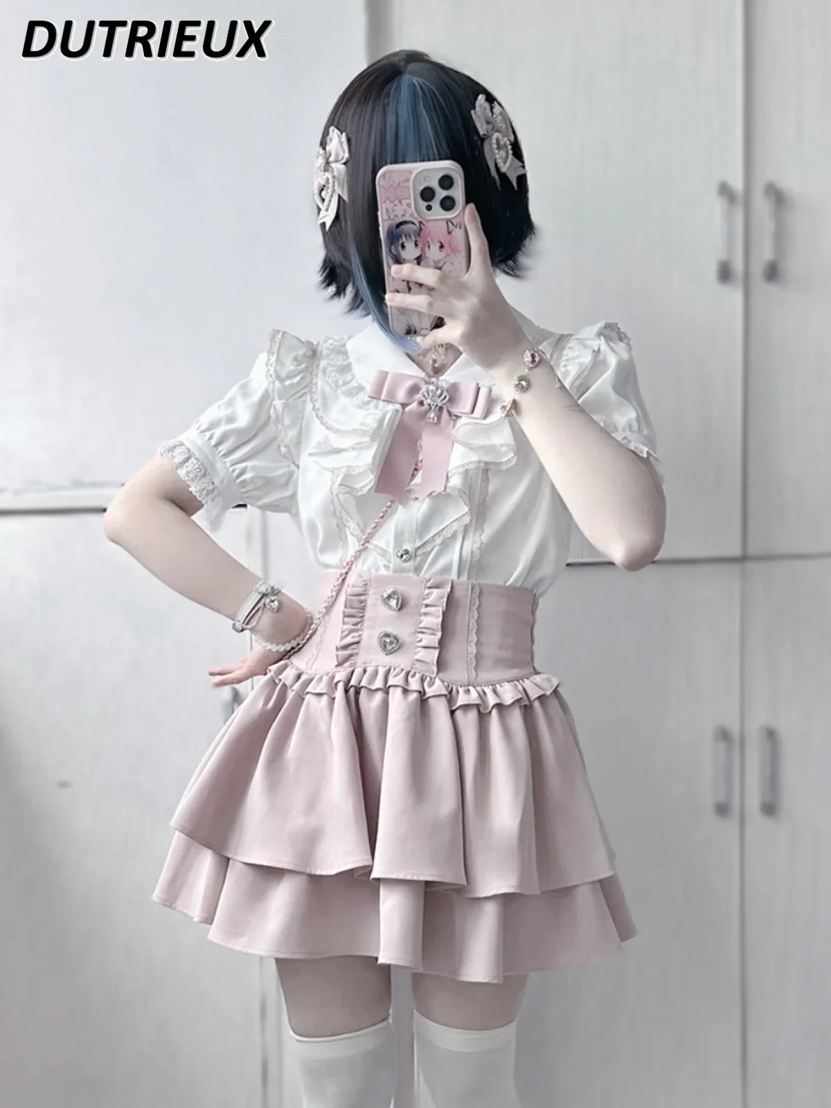 

Summer New Lolita Sweet Girl Lace Stitching Flying Sleeve Top Mine Series Mass-Produced Japanese Style All-Matching White Shirt