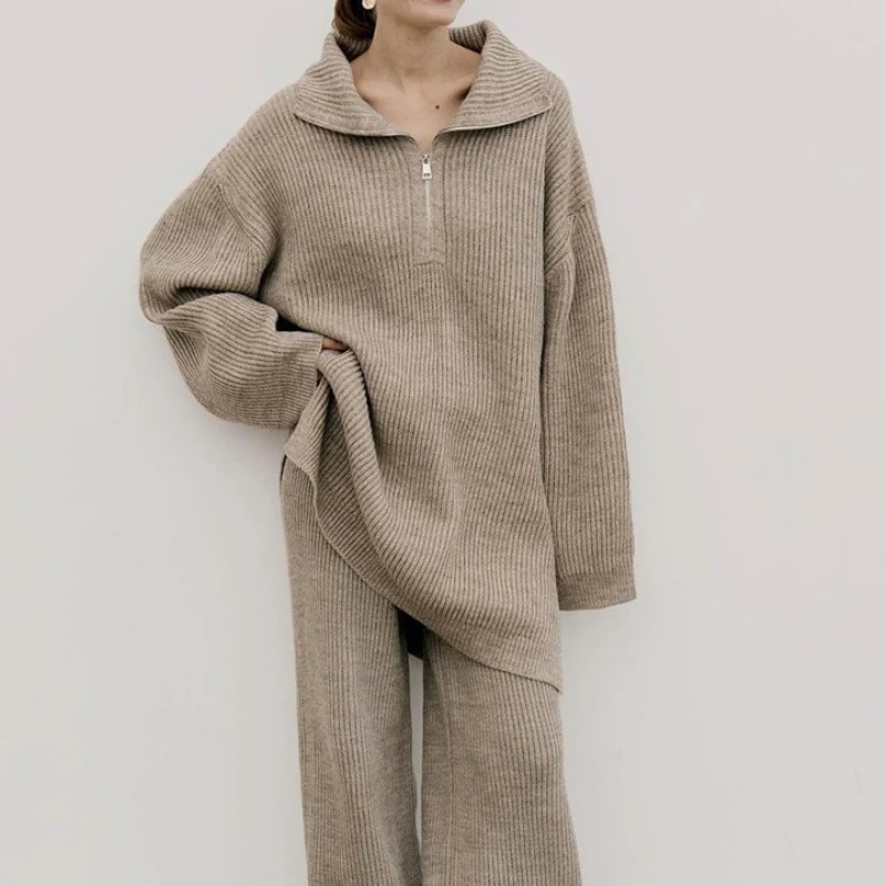 

Simple Color Knitted Set Women's Autumn Winter f Zip Sweater Straight Leg Pants Two Piece Set Faionable Ensemble