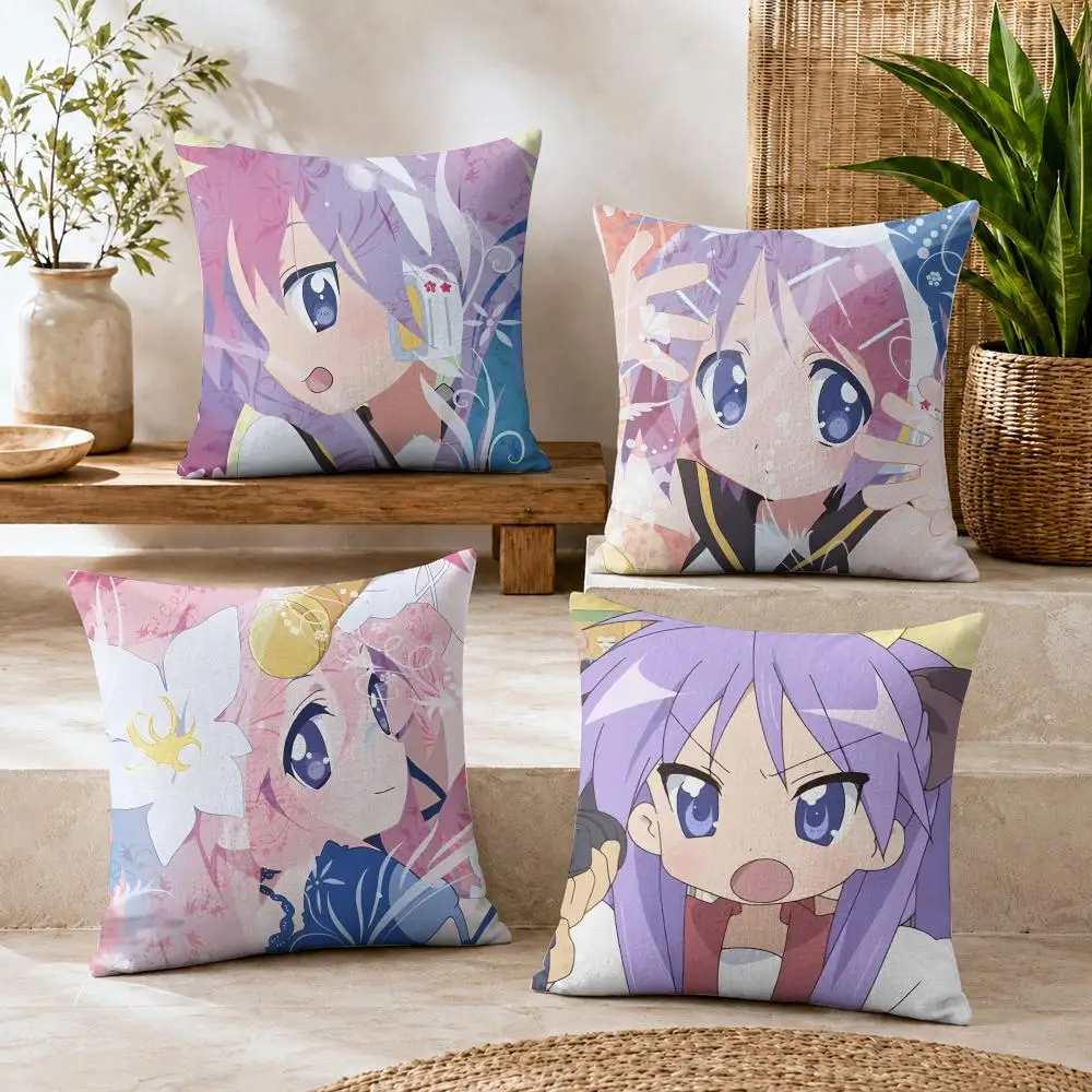 L-Lucky Star Anime Cute Cushion Cover Natural Linen Organic Fabric Double-Sided Printing Breathable For Decor
