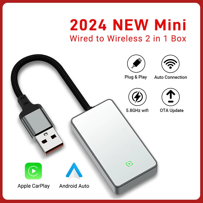 

Wired to Wireless 2 ini carplay&Android Auto Adapter Glass Rearview Mirror Mini Al Box USB/Type C Plug & Play For OEM Car