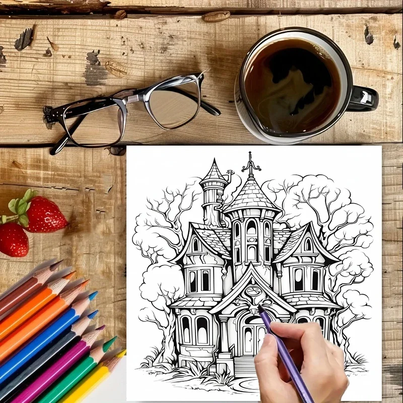 Haunted House Coloring Book for Adults, Spooky Drawing Pages for Stress Relief, Birthday Gift & Back to School Art Supplies view 3