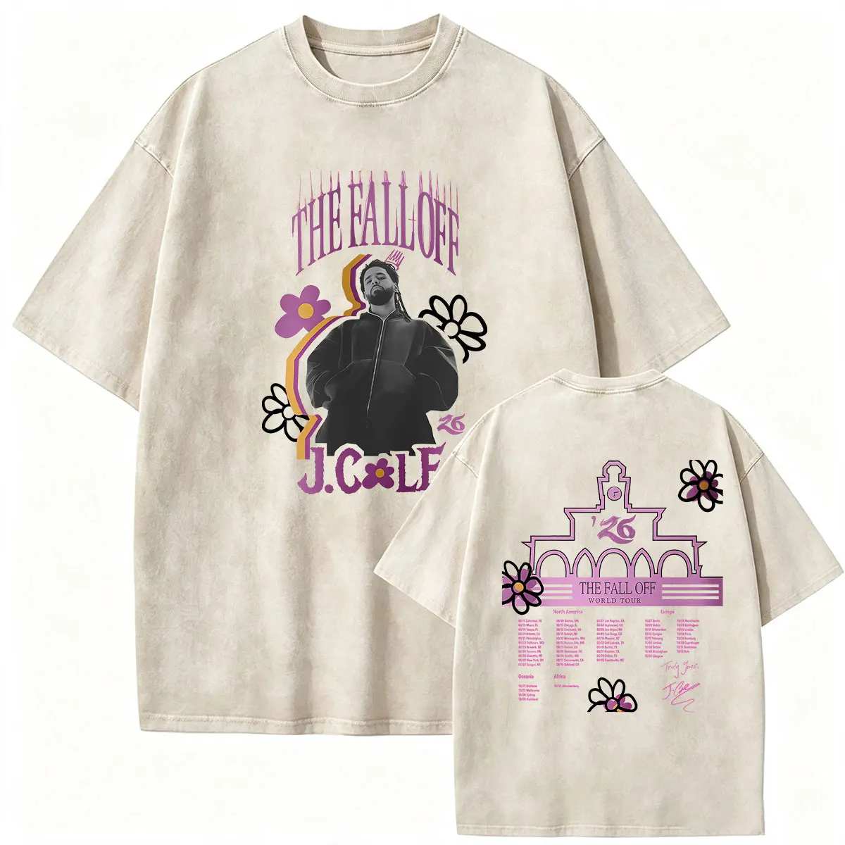 Vintage Washed J.Cole The Fall Off World Tour 2026 Graphic T Shirts Men's Clothing Fashion Gothic Hip Hop Short Sleeve T-shirts