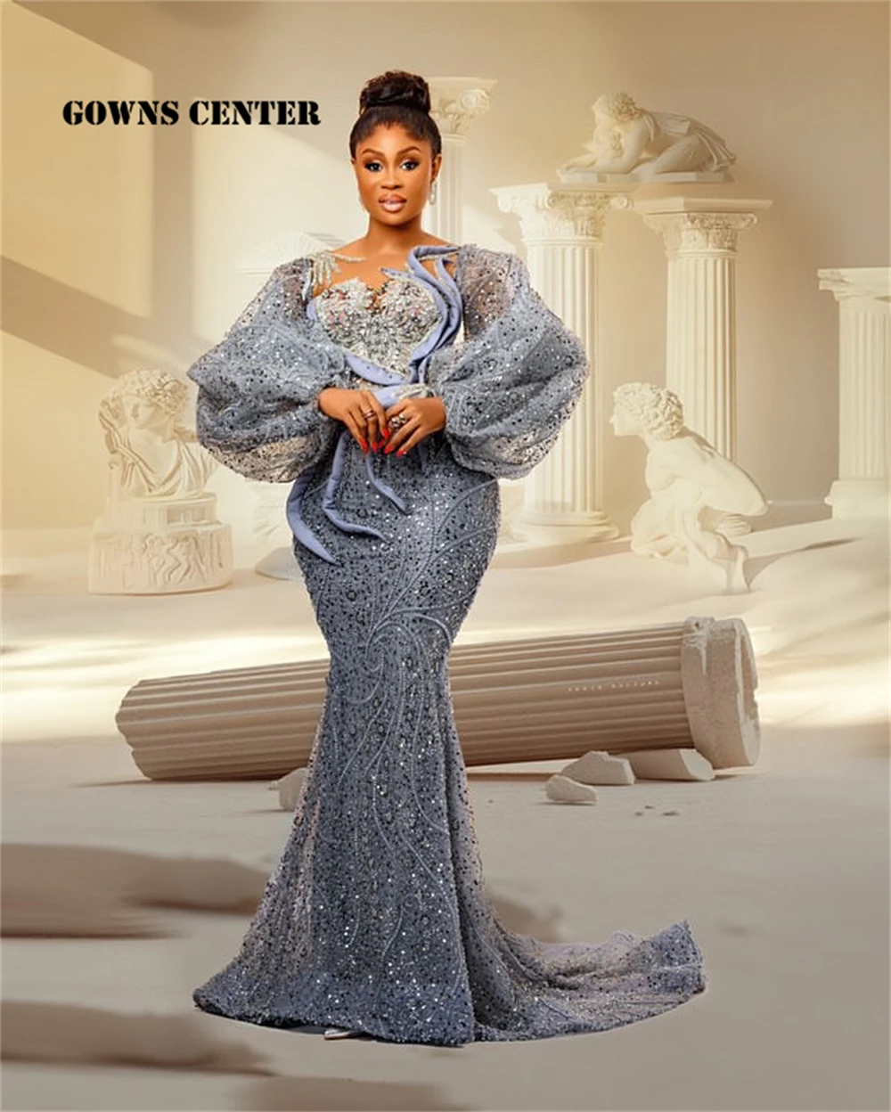

Unique Dusty Blue Mermaid Aso Ebi Evening Dress Puff Long Sleeves Beads Applique Luxury Dresses Women 2025 African Customized