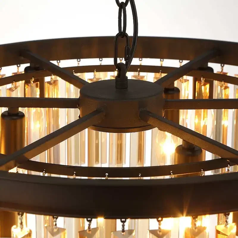 E27 American Country Retro Vintage Amber Crystal Lamp Pendant Lights Living Room Kitchen Black Iron Home Lighting 110-240V