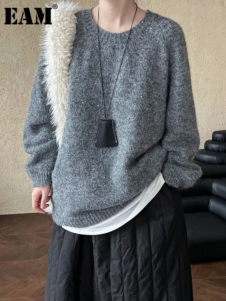 [EAM] Gray Sequins Big Size Knitting Sweater Round Neck Long Sleeve Women Pullovers New Fashion Tide Spring Autumn 2024 1DH7899