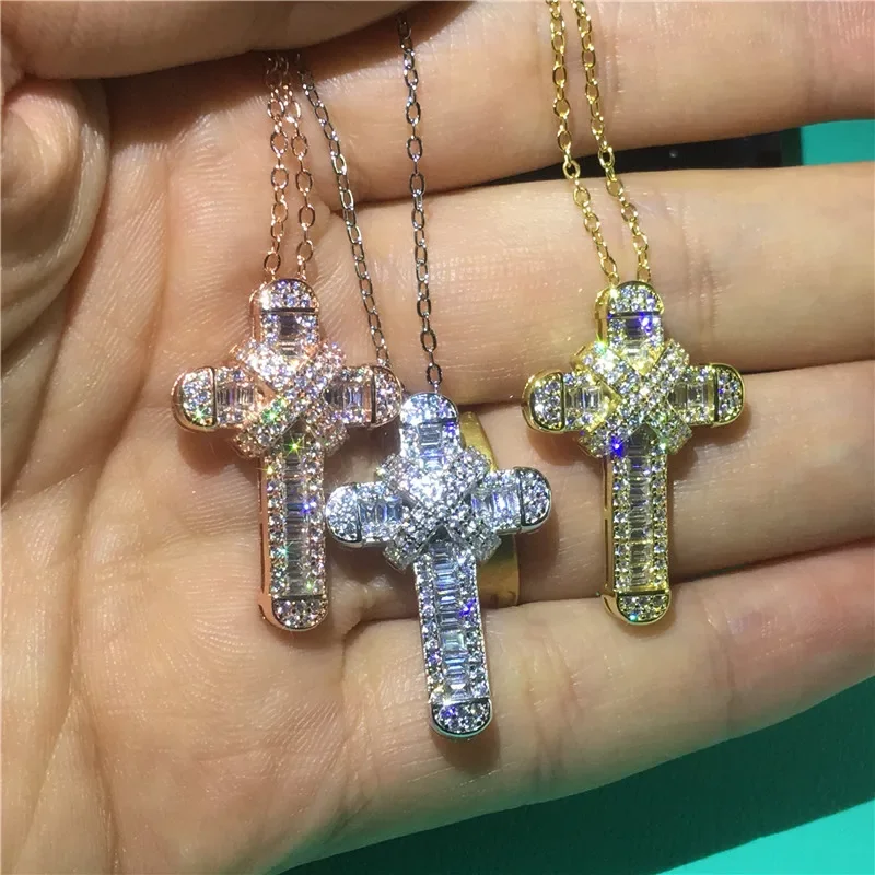 Handmade Cross Pendant Diamond Cz 925 Sterling silver Statement Chain Cross Pendant Necklace for Women Men Party Wedding jewelry