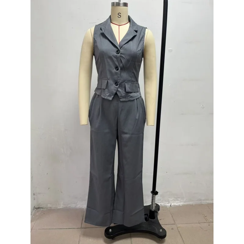 Damen 2-teiliges Outfit, ärmellose Weste mit Revers, hochtaillierte Hose mit weitem Bein, elegantes Büro-Formalanzug-Set, Business-Party-Partnerlook – Detail 9