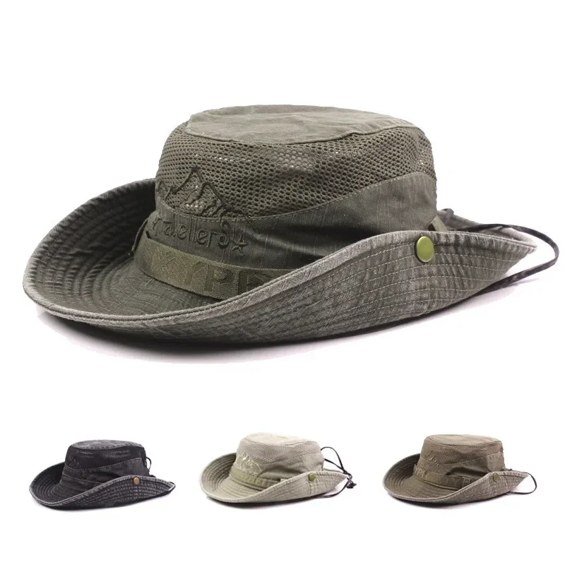 Men\'s Summer Cap Mesh Breathable Retro 100% Cotton Bucket Hat Panama Jungle Fishing Hats Novelty Dad\'s Beach Cap Bucket Hat