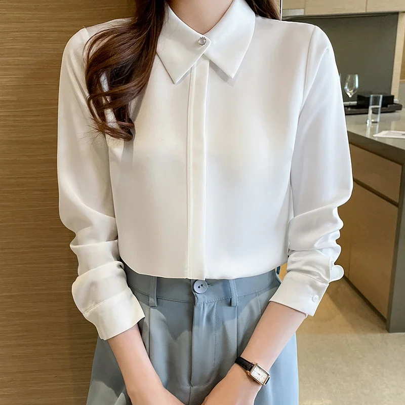 New Long Sleeve Turn Down Collar Women Shirt Office Lady White Chiffon Shirt Blouse Women Tops Blusas Mujer De Moda 2026 G167
