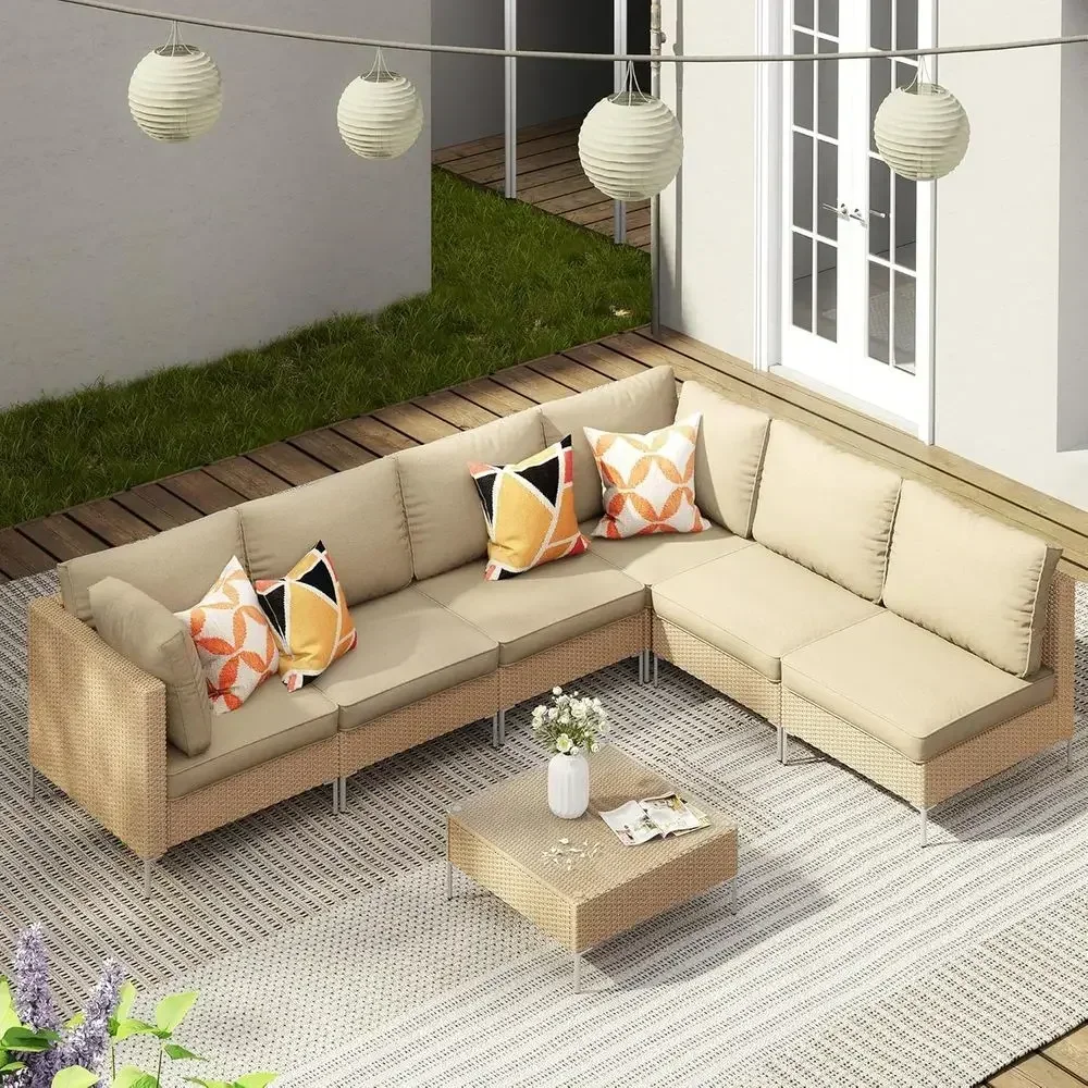 7-Piece Outdoor Wicker Patio Furniture Set with Cushions and Glass Top Tea Table, Oak Rattan Style