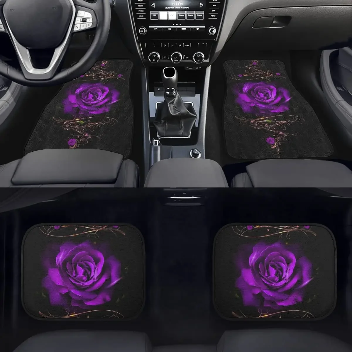 TOADDMOS 4pcs Carpets Car Floor Mat, Purple Rose Vintage Pattern Auto Interior Decorative Durable Floor Mat, All Weather Heavy D