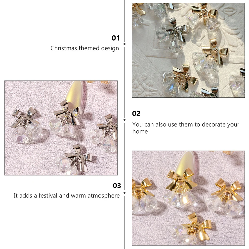 4pcs Crystal Bell Decorative Rhinestones Christmas Nail Studs 3D Bowknot Charms For Diy Manicure Xmas Nail Art Decor