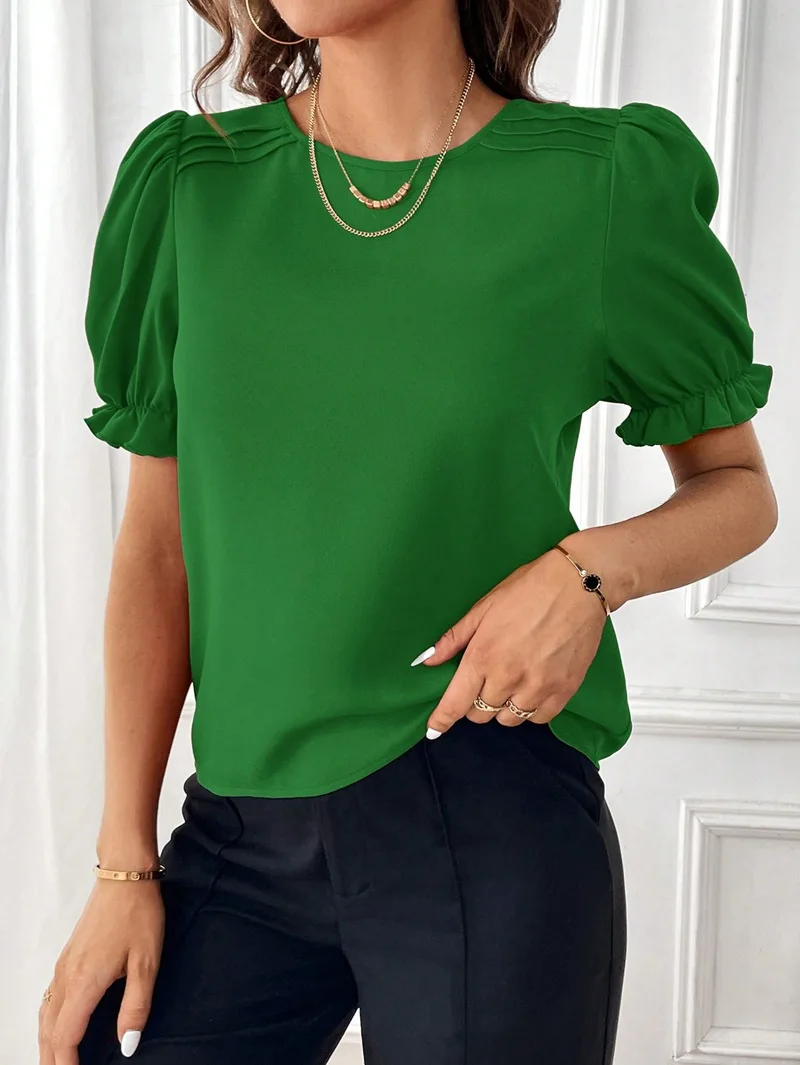 Fashion Puff Sleeve Summer Shirt Women New Pure Color O-neck Shirts For Women 2024 Casual Loose Shirt Tops Femme