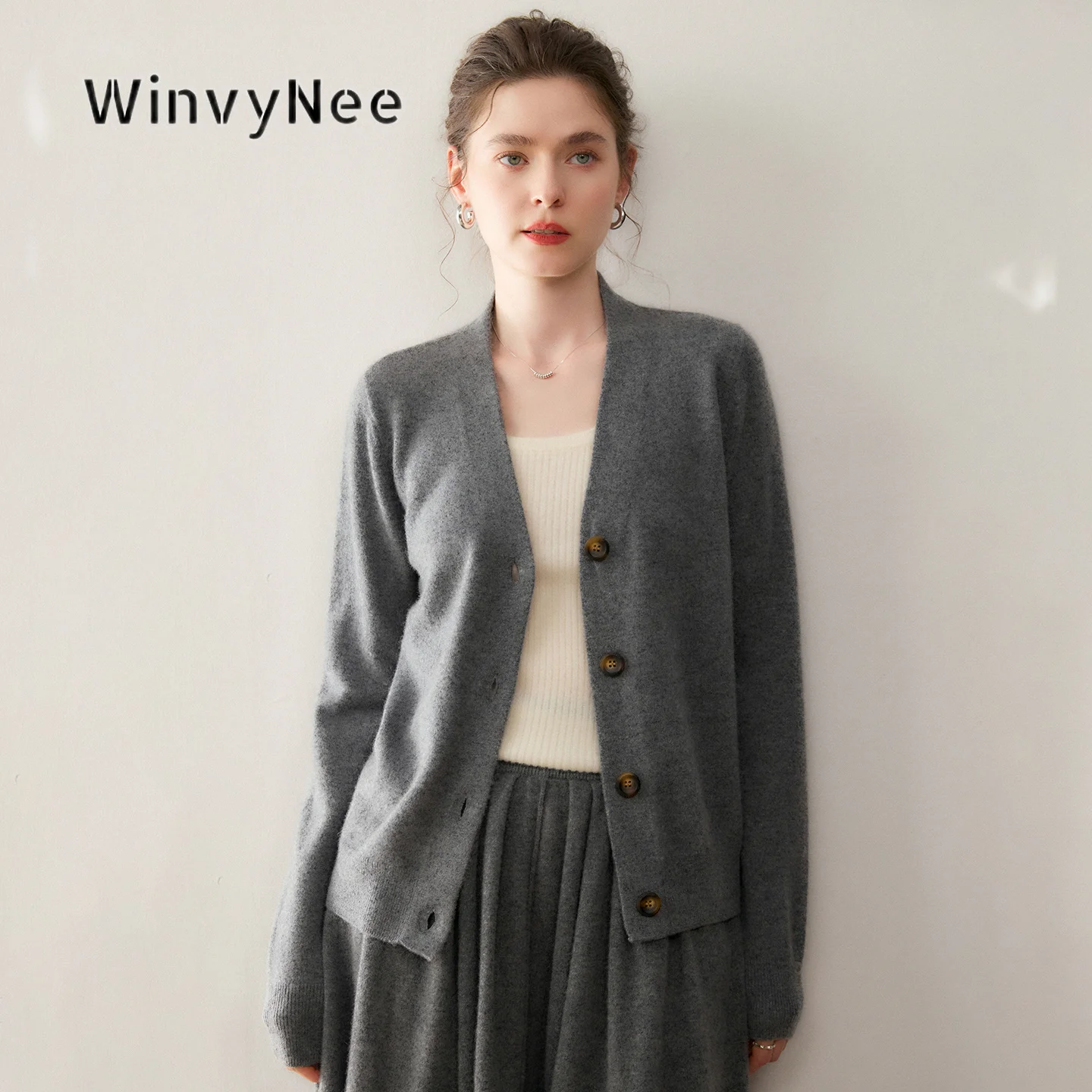 WinvyNee Womens Deep V Neck Plain Button Cardigans Thermal Fluffy Relaxed Basic Simple Elegant Cold Season Daily Outfit B1654024