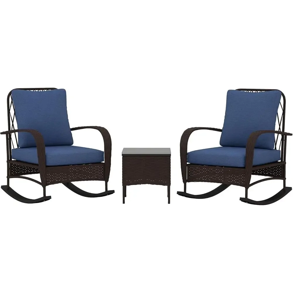 Wicker 3-Piece Patio Furniture Set with PE Rattan Rocking Chairs, Coffee Table, and Cushions for Outdoor Bistro, Garden, or Pool