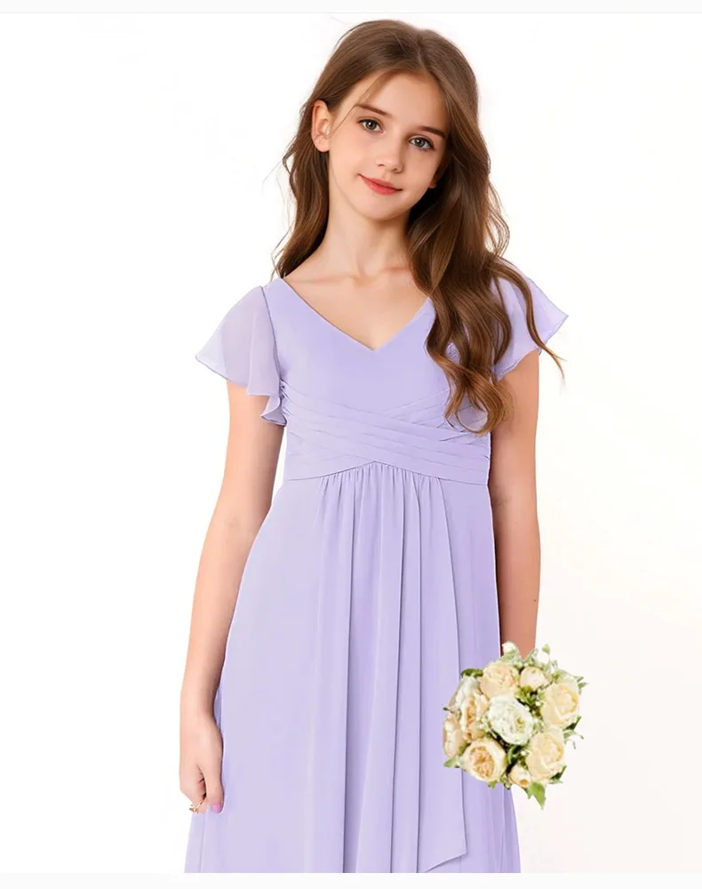 Robe de vacances courte devant et dos long en mousseline de soie pour filles, robe pour adolescentes, robe de demoiselle d'honneur junior, robe de mariée,/personnalisée