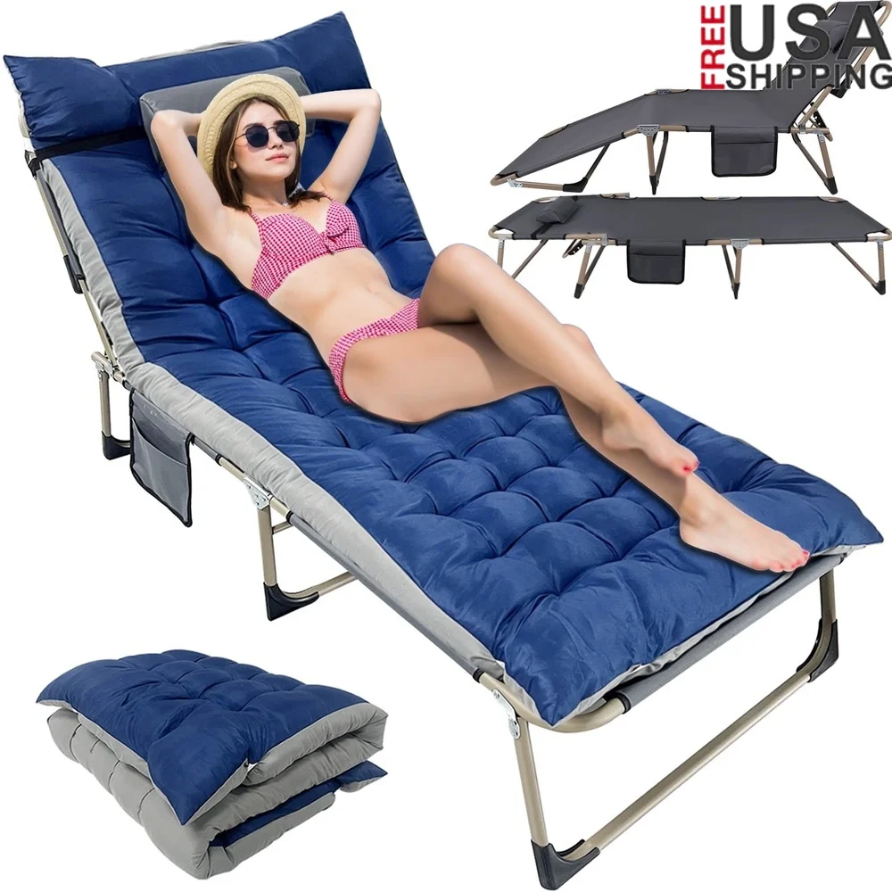 

Folding Camping Cot Bed Portable Chaise Lounge Chair Adjustable 5-Position Heavy Duty Outdoor Bed with Pillow 400lbs Capacity