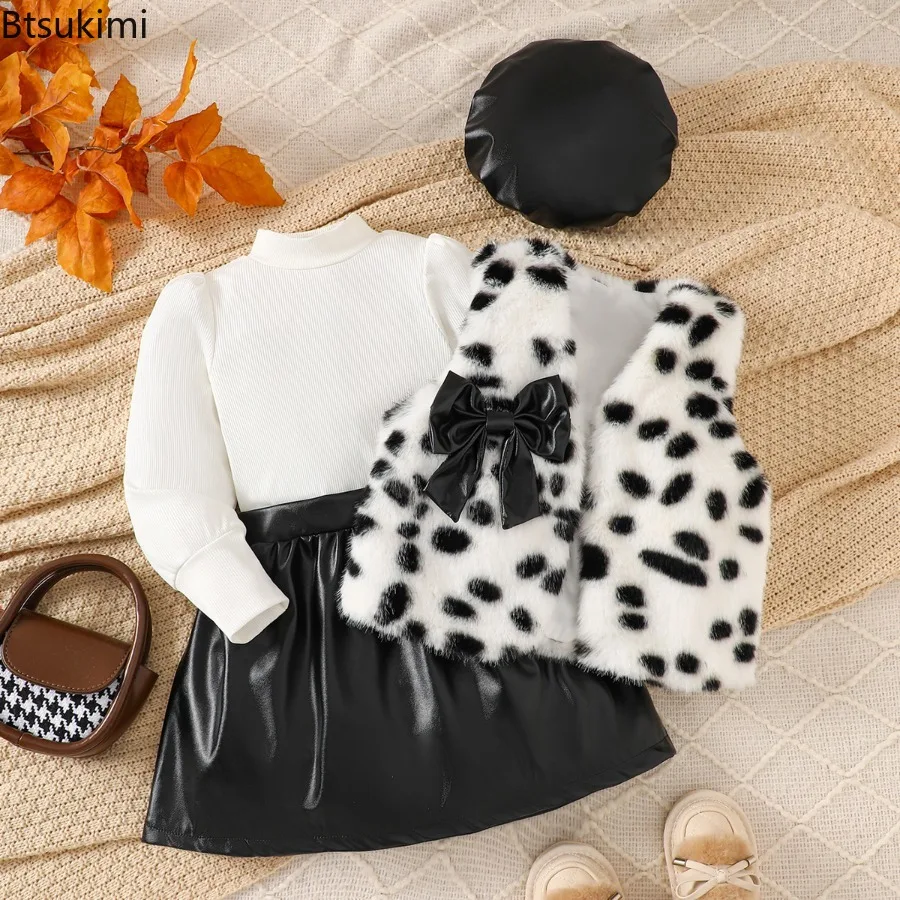 Girl's Winter 4pcs Outfits Sets Bows Brown Plush Waistcoat+Knitted Top+Black PU Leather Skirt+Hat Children's Clothing Girls Set