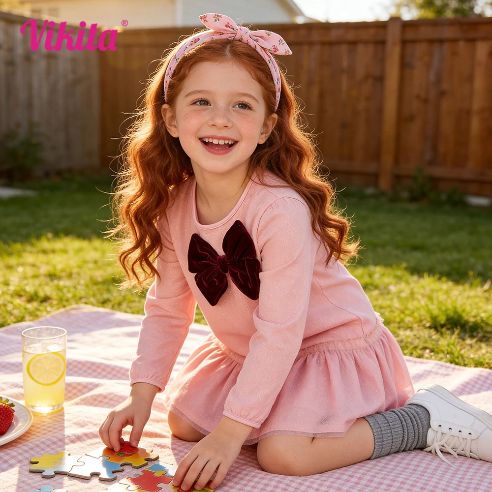 VIKITA Children Cotton Casual Dresses Kids Pink Ruffles Dress Girls Autumn Spring Long Sleeve Straight Dress with Bowknot 3-8 Y